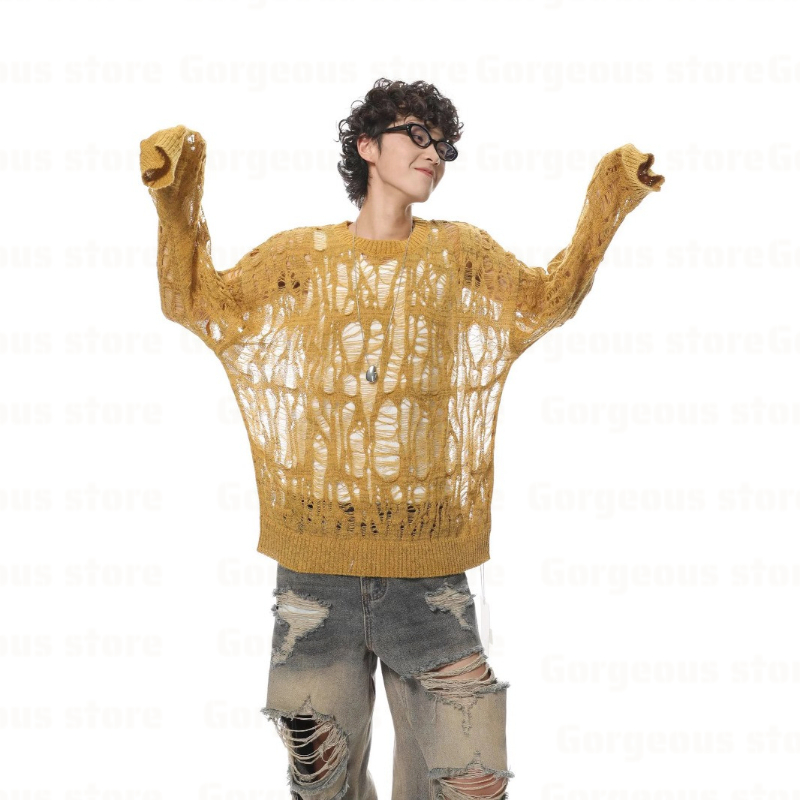 Vintage Fashion In Japan - Vintage gescheurde uitgeholde mesh gebreide trui
