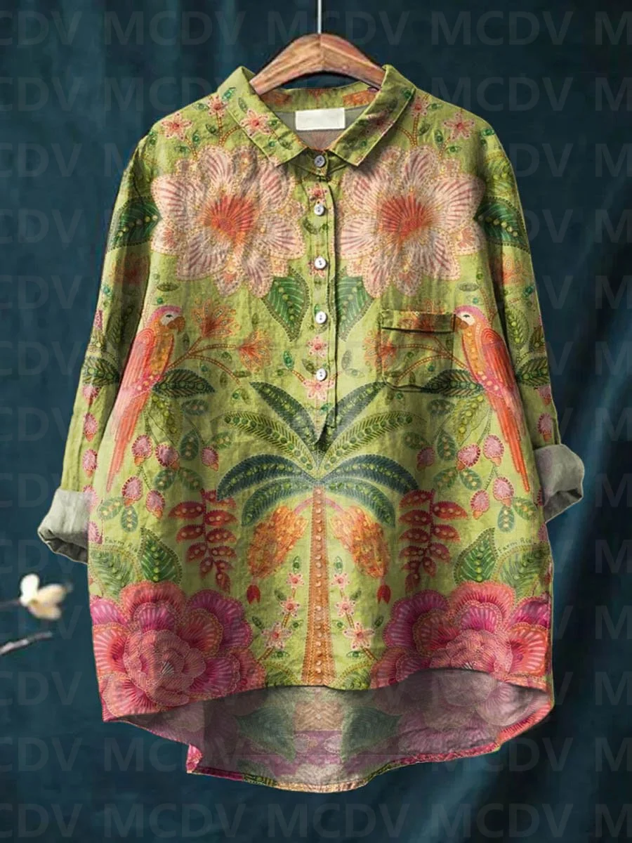 Printed Floral Shirt - Dames vintage etnische bloemenpapegaaien kunstprint casual